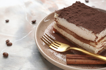 Tasty tiramisu on plate