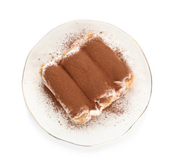 Plate with tasty tiramisu on white background
