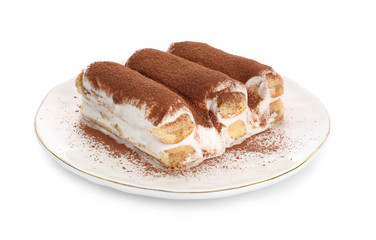 Plate with tasty tiramisu on white background