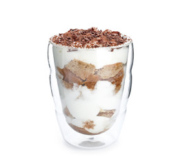 Tasty tiramisu on white background