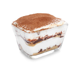 Tasty tiramisu on white background