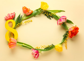 Festive composition for International Women's Day on color background