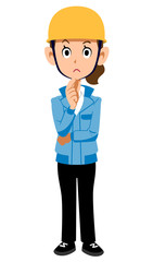 考える建築現場作業員の女性　青い作業着