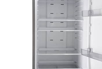 Open empty fridge on white background
