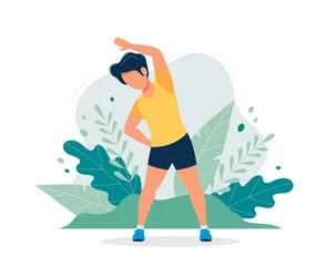 Fototapeten Happy man exercising in the park. Vector illustration in flat style, concept illustration for healthy lifestyle, sport, exercising. © Biscotto Design