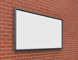 3D rendering of blank billboard (empty advertisement) on brick wall. Empty mockup template