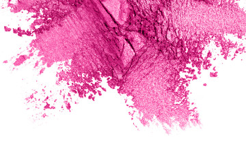 A broken pink eye shadow make up palette isolated on a white background. Top view, flat lay. Copy space for your text