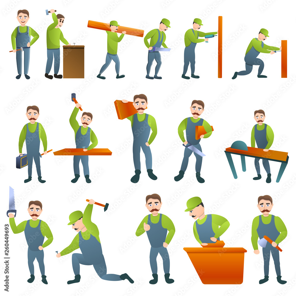 Poster carpenter icons set. cartoon set of carpenter vector icons for web design