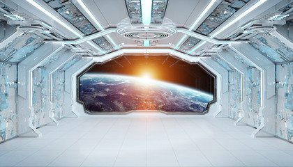 White blue spaceship futuristic interior with window view on planet Earth 3d rendering