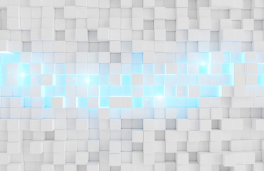 Glowing white and blue squares background pattern 3D rendering
