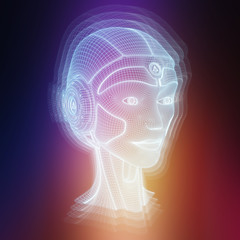 Wireframed robotic woman head representing artificial intelligence 3D rendering