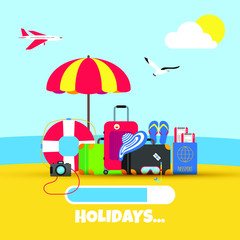 Summer holiday tropical vacation flat style design composition with progress loading bar and text HOLIDAY, luggage  suitcase, sea, swimming mask, umbrella vector illustration isolated on white.