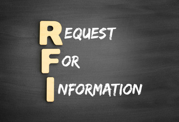 Wooden alphabets building the word RFI - Request For Information acronym on blackboard