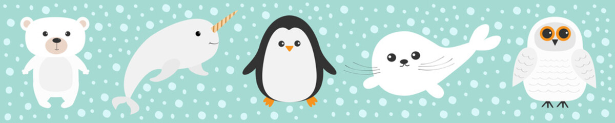 Arctic polar animal set line. White bear, owl, penguin, Seal pup baby harp, narwhal, unicorn-fish. Kids education cards. Blue snow background. Isolated Flat design