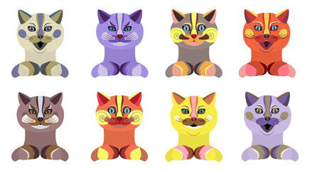 Set of eight colorful cats of different emotions. Cute stylized kittens for your design. The upper part of the animal - head, neck, paws. Vector illustration
