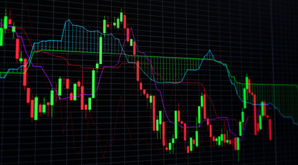 Stock market graph and bar chart price display. Display of quotes pricing graph visualization. Abstract financial background trade different colors.