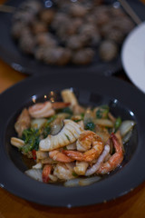 Mixed of seafood fried with basil leave, Thai cuisine