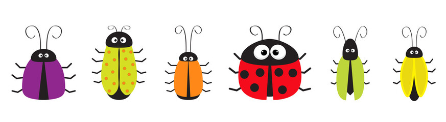 Cute bug cockroach set line. Funny cartoon character. Baby design. White background. Isolated. Flat design.