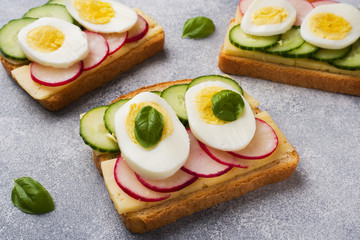Sandwiches with egg cheese, fresh cucumber and radish. concept healthy Breakfast.