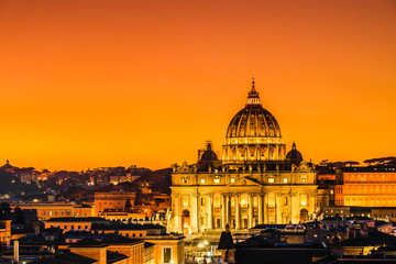 Sunset golden hour view of St. Peter's Basilica in Vatican City, Rome, Italy