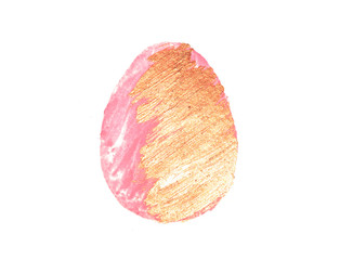 Hand drawn pink and golden watercolor Easter egg on white background