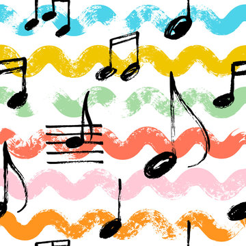 Music notes seamless vector pattern with waves.