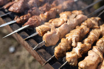 Shish kebab on skewers is fried on a brazier