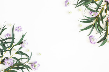 Fototapeta na wymiar Flowers composition. Purple flowers and eucalyptus leaves on white background. Flat lay, top view, copy space