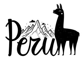 Vector illustration with calligraphy word Peru, mountains, clouds and smiling llama with heart. - obrazy, fototapety, plakaty