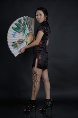 Fototapeta na wymiar Asian woman with fake drawing tattoo on her leg
