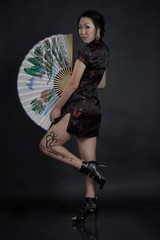 Fototapeta na wymiar Asian woman with fake drawing tattoo on her leg