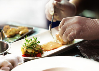 Chef preparing food, meal, in the kitchen, chef cooking, Chef decorating dish