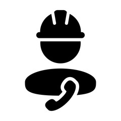Supervisor icon vector male construction worker person profile avatar with phone and hardhat helmet in glyph pictogram illustration