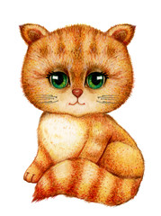 Cute  sitting red kitten cartoon, isolated on white.