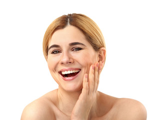 Portrait of beautiful woman on white background