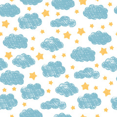 Obraz premium Seamless pattern with blue clouds and yellow stars