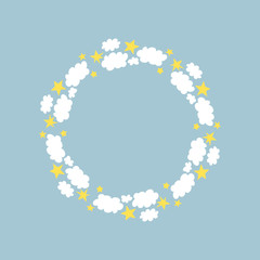Cute frame with clouds and stars. Vector. Isolated.