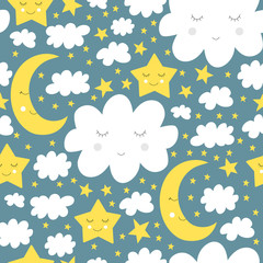 Good night seamless pattern. Half moon, clouds and star background. Cute vector illustration for baby design.