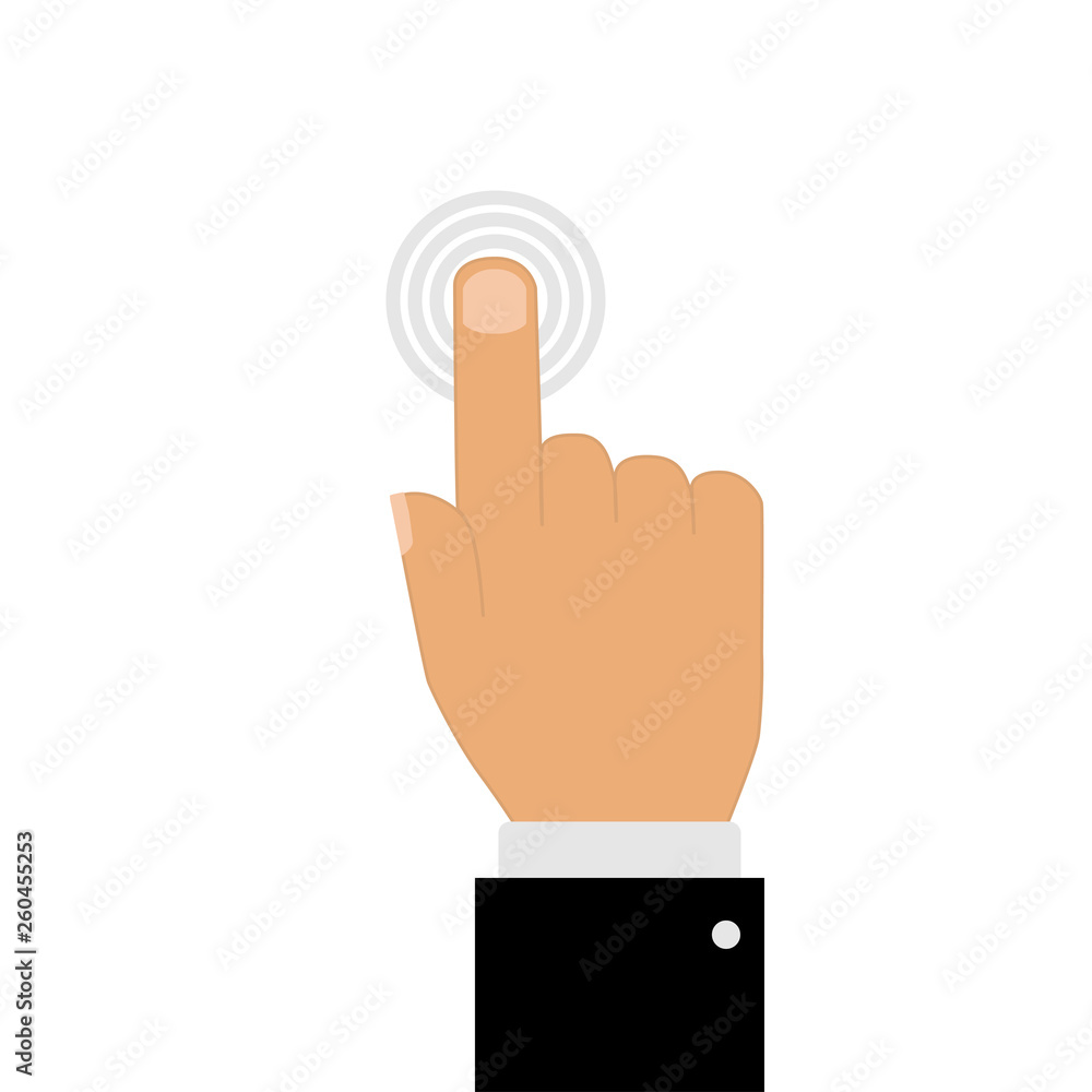 Poster hand with pointing finger touching button background