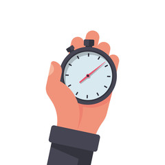 Stopwatch in hand, icon isolated on white background. Vector illustration flat design. Sport timer on competitions. Trainer holding stopwatch. Start, finish. Time management.