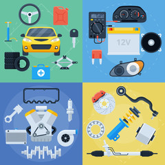 Big set of car repair service and spare parts icons. Electronics, engine, brakes, tyres and everything for car maintenance. Flat vector colorful illustrations