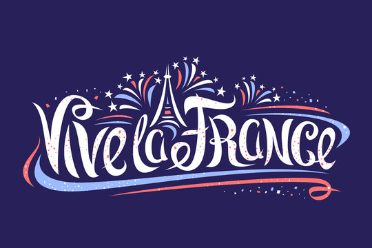 Vector french motto for Bastille Day - Vive la France, banner with simple cartoon Eiffel tower, original lettering for words vive la france, decorative curly flourishes and confetti on dark background