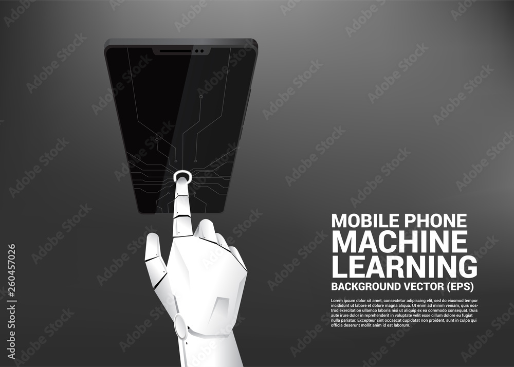 Poster Robot hand touch on screen of mobile phone. Business concept for machine learning phone , a.i artificial intelligence technology.