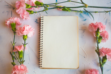 Obraz premium Pink flowers of carnations on a white background. Flower bouquet for a holiday