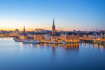 Fotobehang Stockholm Nachtmening van de oude stad van de stadshorizon van Stockholm in Zweden