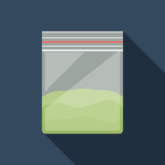 Vector colorful illustration of transparent plastic ziplock or zipper bag with marijuana drugs or something else inside. Cartoon flat icon