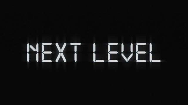 Retro next level words on old tv vhs glitch interference screen