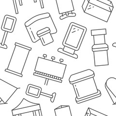 Advertising exhibition banner stands, display seamless pattern with flat line icons. Billboard, folding marquees, promo counter, showcase vector illustration. Trade objects thin linear signs