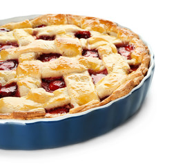 Tasty strawberry pie on white background
