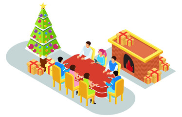 isometric illustration Christmas celebration with family, vector illustration - Vector